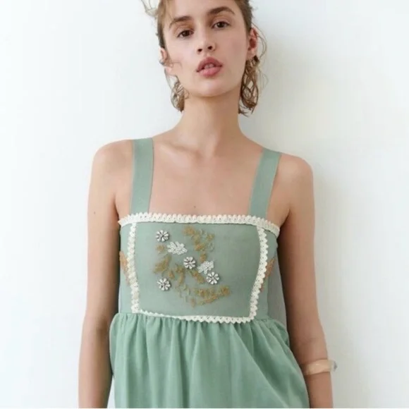 Zara | Dresses | Zara Mint Green Embroidered Dress | Poshmark